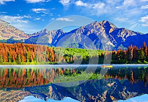 Summer Boating on a Calm Patricia Lake in Jasper National Park photo