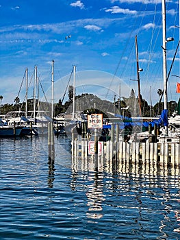 Boating sign saying Idle Speed No Wake near the harbor on a sunny day