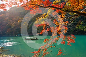 Boatman punting the boat at river. Arashiyama in autumn season along the river in Kyoto, Japan