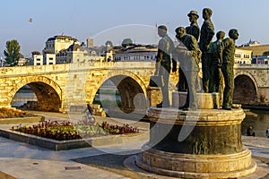 Boatmen of Thessaloniki Monument, and Stone Bridge, Skopje