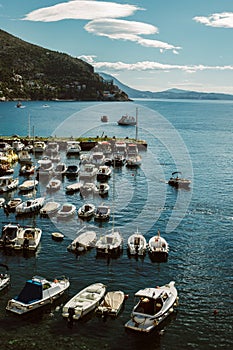 Boats in the Adriatic sea near Dubrovnik city on a sunset. Travel destination in Croatia