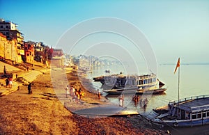 Boats along the River Ganges at dawn, Varanasi, Uttar Pradesh, India