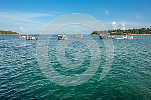 Boats anchored in Andaman Islands, India.