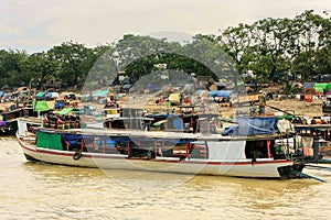 Boats anchored at Ayeyarwady river port in Mandalay, Myanmar
