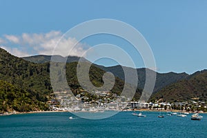 Boats anchored at Picton marina in New Zealand