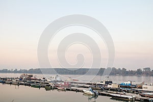 Boats anchored on the port and harbour of Zemun, on the typical pontoon of the Zemunski marina, in belgrade, Serbia