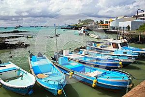 Boats anchored at Puerto Ayora on Santa Cruz Island, Galapagos N