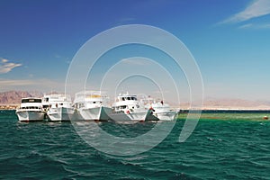 Boats anchored on Red Sea coral reef