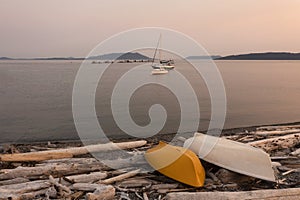 Boats Anchored in the San Juan Islands During a Beautiful Sunset.