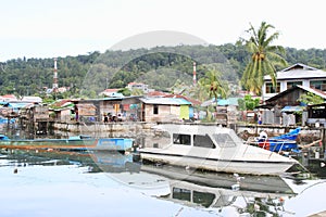 Boats anchored by fishermen village in Manokwari