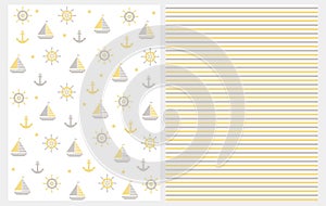 Boats, Anchors, Helms and Stars Isolated on a White Background. Lovely Nautical Vector Patterns Set.