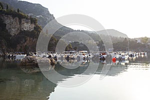 Boats in the bay of Paleokastritsa at dawn