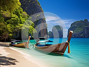 Boats On A Beach With A Couple Boats With Phi Phi Islands In The Background