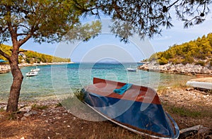 Boats on a Beach in a Tranquil Lagoon, Hvar Island, Croatia