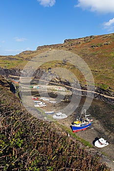 Boats in Boscastle harbour Cornwall England UK