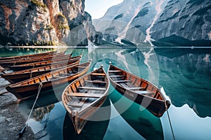 Boats on Braies lake in Dolomite mountains, Sudtirol, Italy. Nature park Fanes-Sennes-Prags, Dolomite, Italy, Europe. Generative