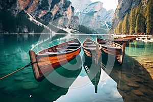 Boats on Braies lake in Dolomite mountains, Sudtirol, Italy. Nature park Fanes-Sennes-Prags, Dolomite, Italy, Europe. Generative