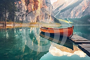 Boats on Braies lake in Dolomite mountains, Sudtirol, Italy. Nature park Fanes-Sennes-Prags, Dolomite, Italy, Europe. Generative