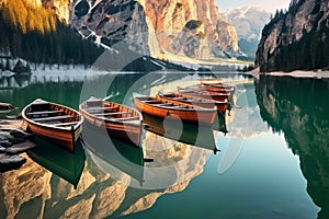 Boats on Braies lake in Dolomite mountains, Sudtirol, Italy. Nature park Fanes-Sennes-Prags, Dolomite, Italy, Europe. Generative