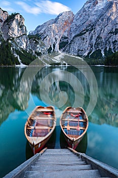 Boats on the Braies Lake Pragser Wildsee in Dolomites mounta photo