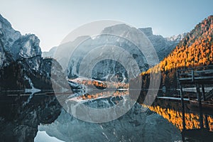 Boats on the Braies Lake Pragser Wildsee in Dolomites mountains