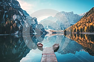 Boats on the Braies Lake  Pragser Wildsee  in Dolomites mountains, Sudtirol, Italy