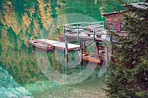 Boats on the Braies Lake  Pragser Wildsee  in Dolomites mountains, Sudtirol, Italy