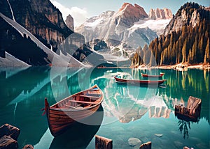 Boats on the Braies Lake ( Pragser Wildsee ) in Dolomites mountains, Sudtirol, Italy. AI Generated