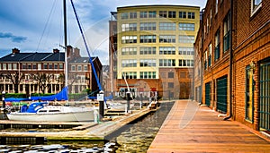 Boats and buildings on the waterfront in Fells Point, Baltimore, Maryland.