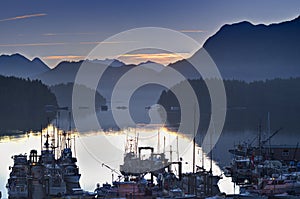 Boats in calm harbor marina at sunrise Tofino British Columbia Canada photo