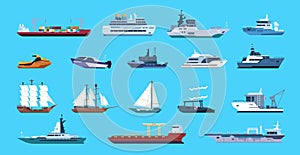 Boats. Cartoon nautical ships. Passenger or cargo vessels and warships. Side view of marine transport set. Brigantine photo