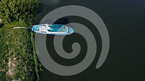 Boats on the dock on the lake aerial view