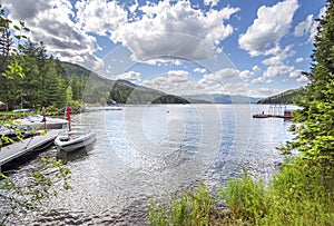 Boats docked along the shores of Lake Pend Oreille in Sandpoint, Idaho