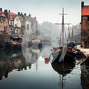 boats are docked at the shore in the water with fog
