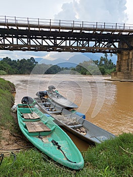 Boats docked in Sungai Galas in Kemubu village, Dabong, Kelantan, Malaysia.