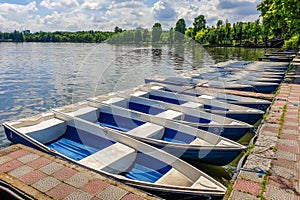 Boats at the docks on Herastrau Lake Bucuresti Romania - Herastrau park