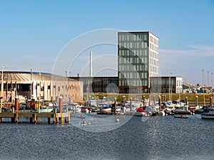 Boats in Esbjerg Strand marina, Esbjerg city, Jutland, Denmark, on North Sea coast photo