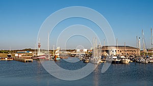 Boats in Esbjerg Strand marina, Esbjerg city, Jutland, Denmark, on North Sea coast