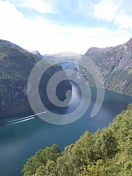 Boats on the Geiranger fjord in Norway