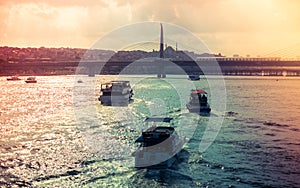 Boats in the Golden Horn Bay in Istanbul