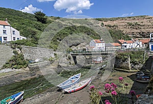 Boats in gorge at Staithes, N, Yorks, England