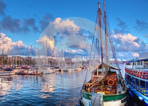 Boats in the harbor of Barcelona