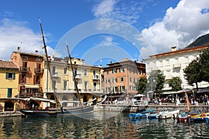 Boats in harbor at Malcesine on Lake Garda, Italy