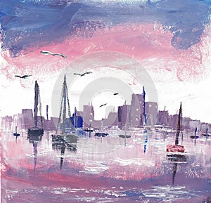 Boats in a harbor painted with acrylics photo