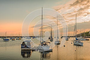 Boats in the harbor of Rockport at dawn