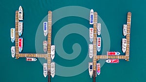Boats in the harbor at Sun Moon Lake, Shuishe Pier in Nantou, Taiwan, Aerial top view