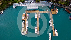 Boats in the harbor at Sun Moon Lake, Shuishe Pier in Nantou, Taiwan, Aerial top view