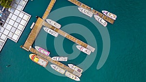 Boats in the harbor at Sun Moon Lake, Shuishe Pier in Nantou, Taiwan, Aerial top view