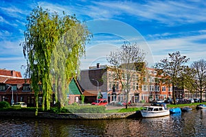 Boats, houses and canal. Harlem, Netherlands