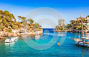 Boats at idyllic bay of Cala Figuera on Mallorca island